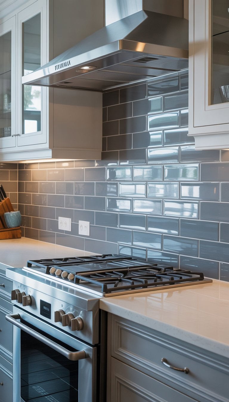 A modern kitchen cooking area with grey ceramic tile backsplash, white and grey cabinets, and stainless steel appliances.
