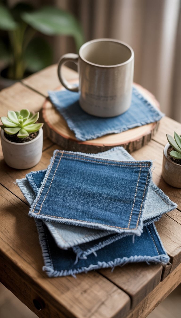 A set of denim fabric coasters arranged on a wooden table next to a ceramic mug and a small potted plant.