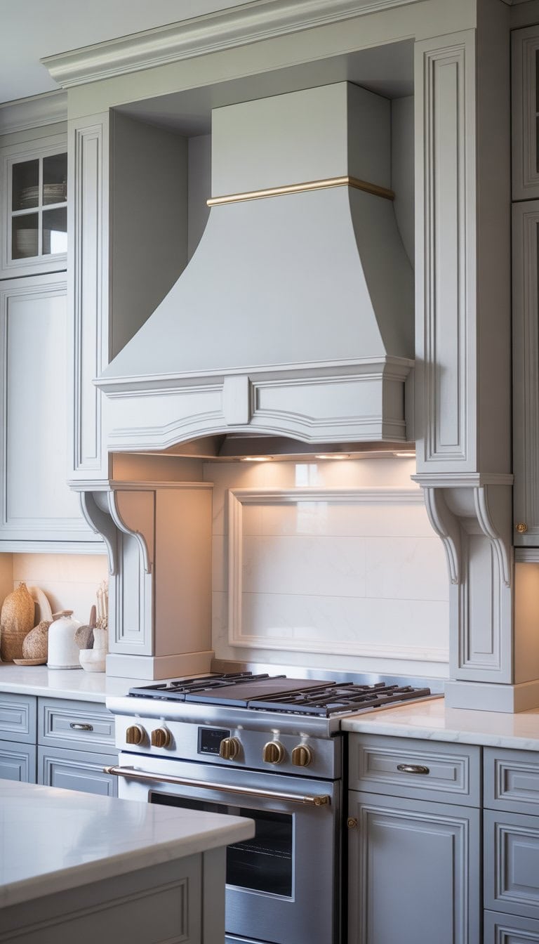 A modern kitchen with a white range hood framed in grey molding above a stove, surrounded by grey and white cabinets.