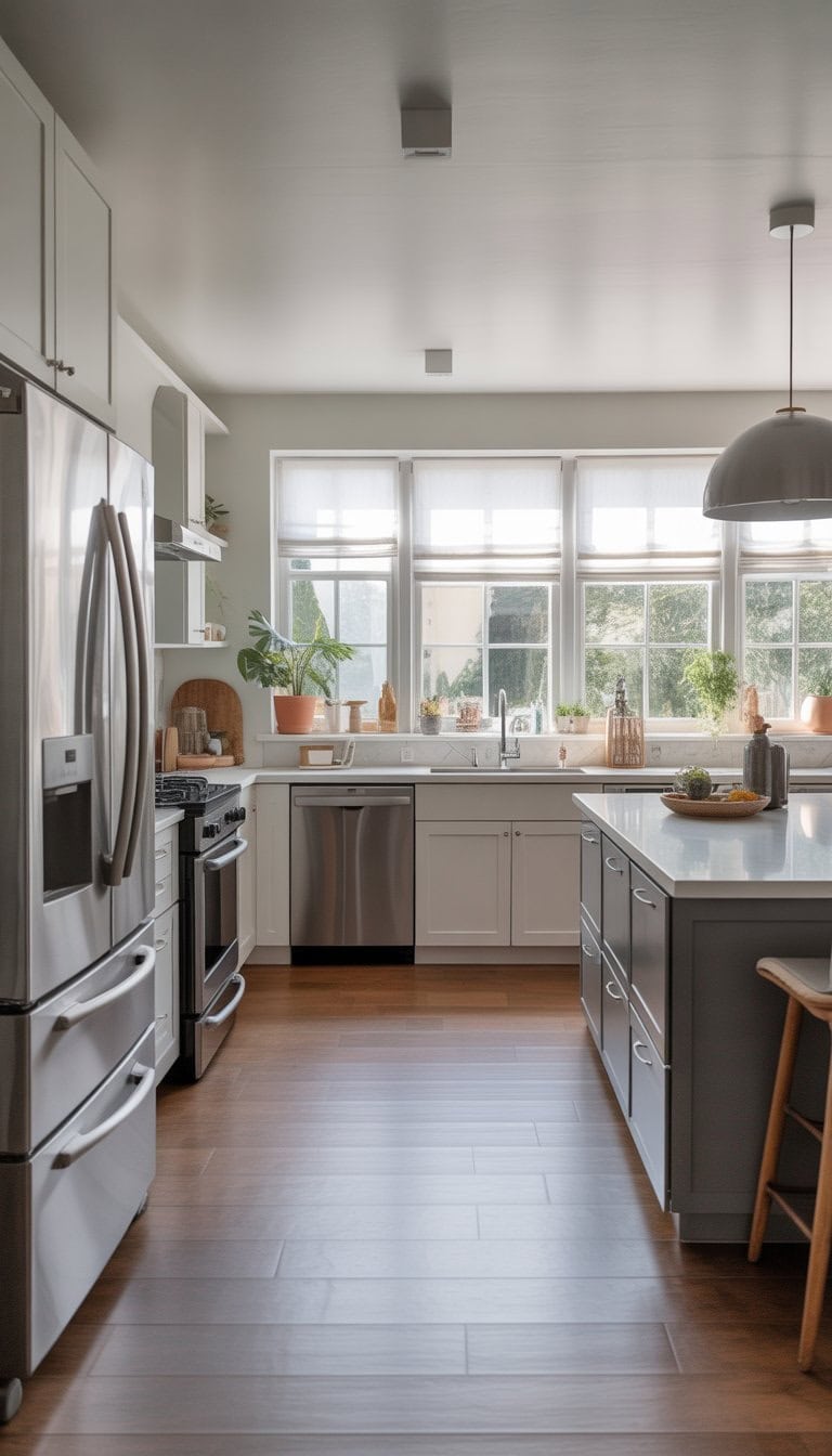 A bright kitchen with white cabinets, grey countertops, and stainless steel appliances including a refrigerator, oven, and dishwasher.