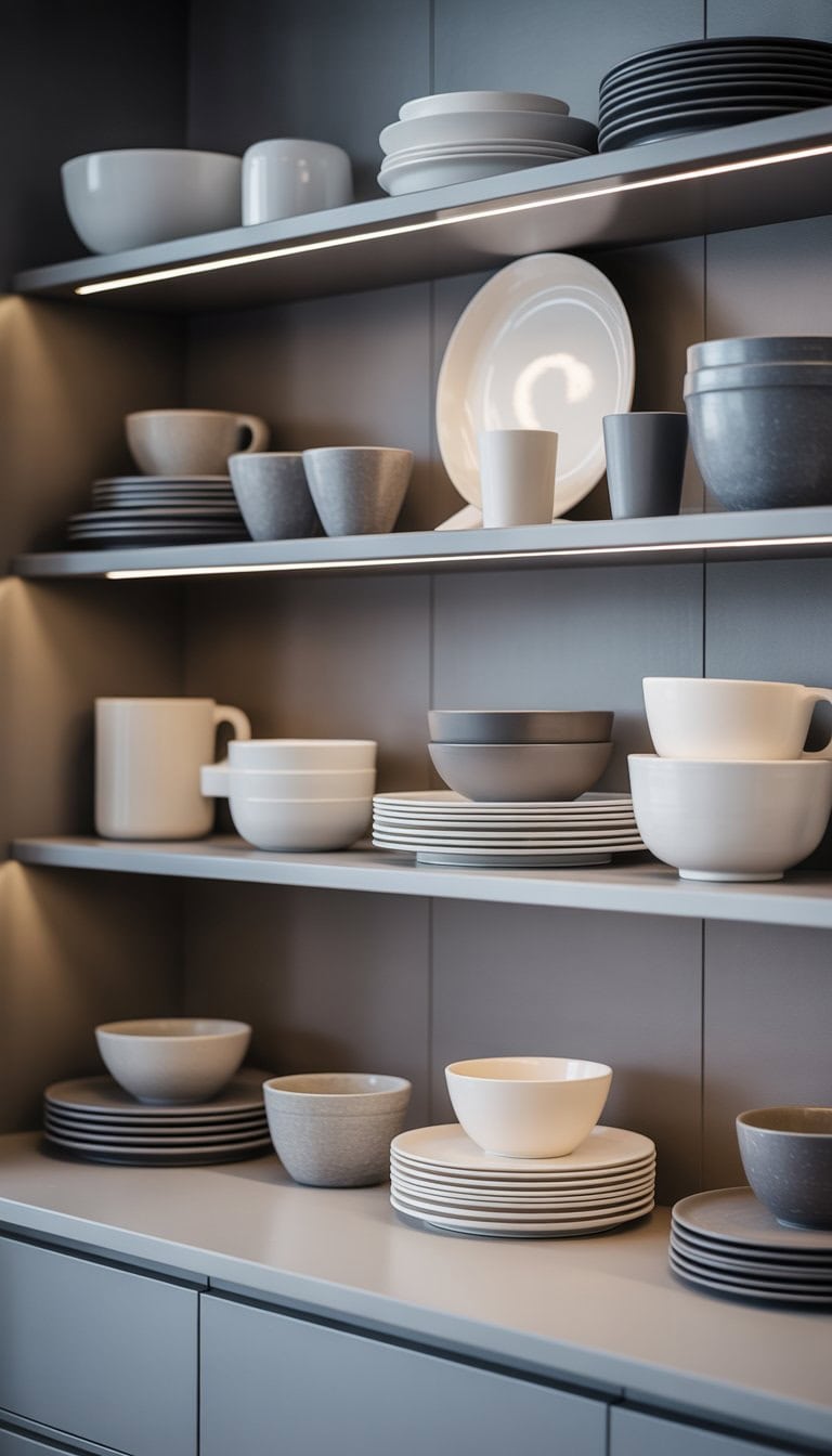 Open kitchen shelves displaying white ceramic and grey stone dinnerware including plates and bowls.