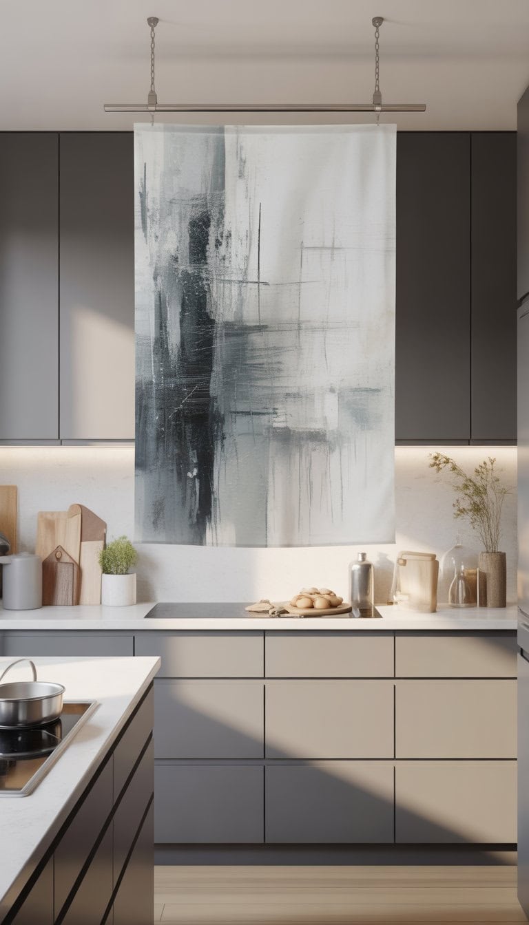 A modern kitchen with grey cabinets, white countertops, and a hanging abstract art piece in grey and white tones.