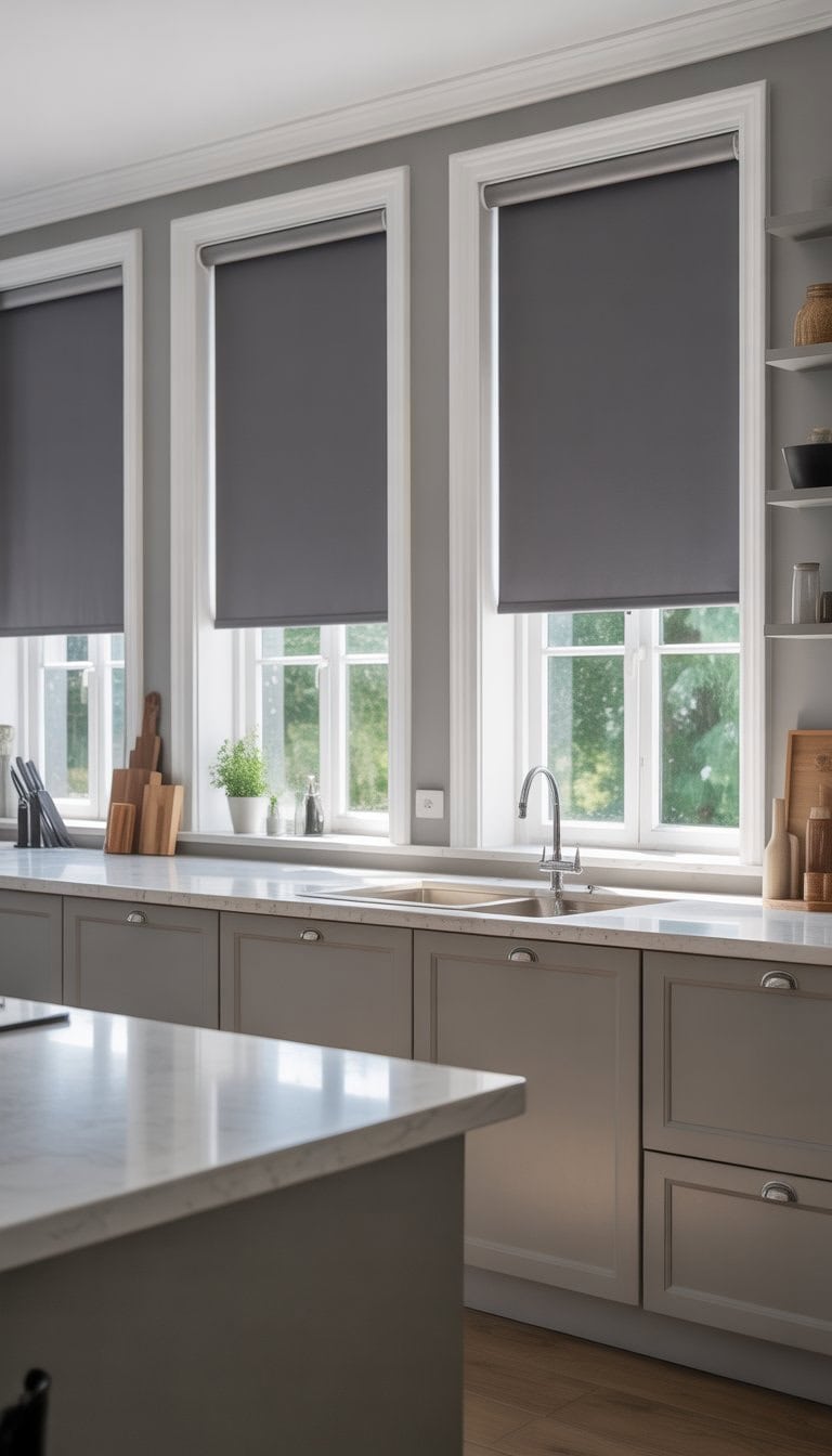 A modern kitchen with windows covered by grey roller blinds with white trim, featuring grey and white cabinets and countertops.