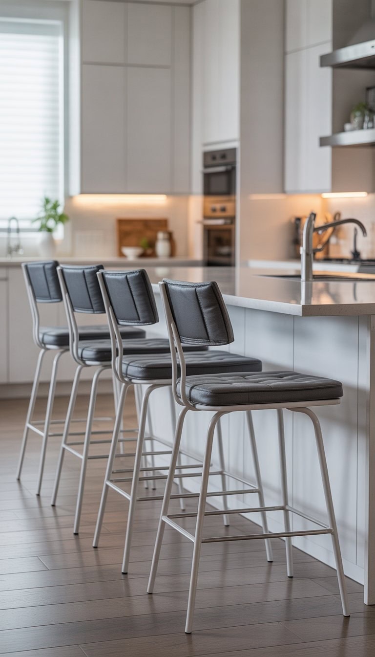 A modern kitchen with grey cushioned bar stools with white legs placed at a white kitchen island.