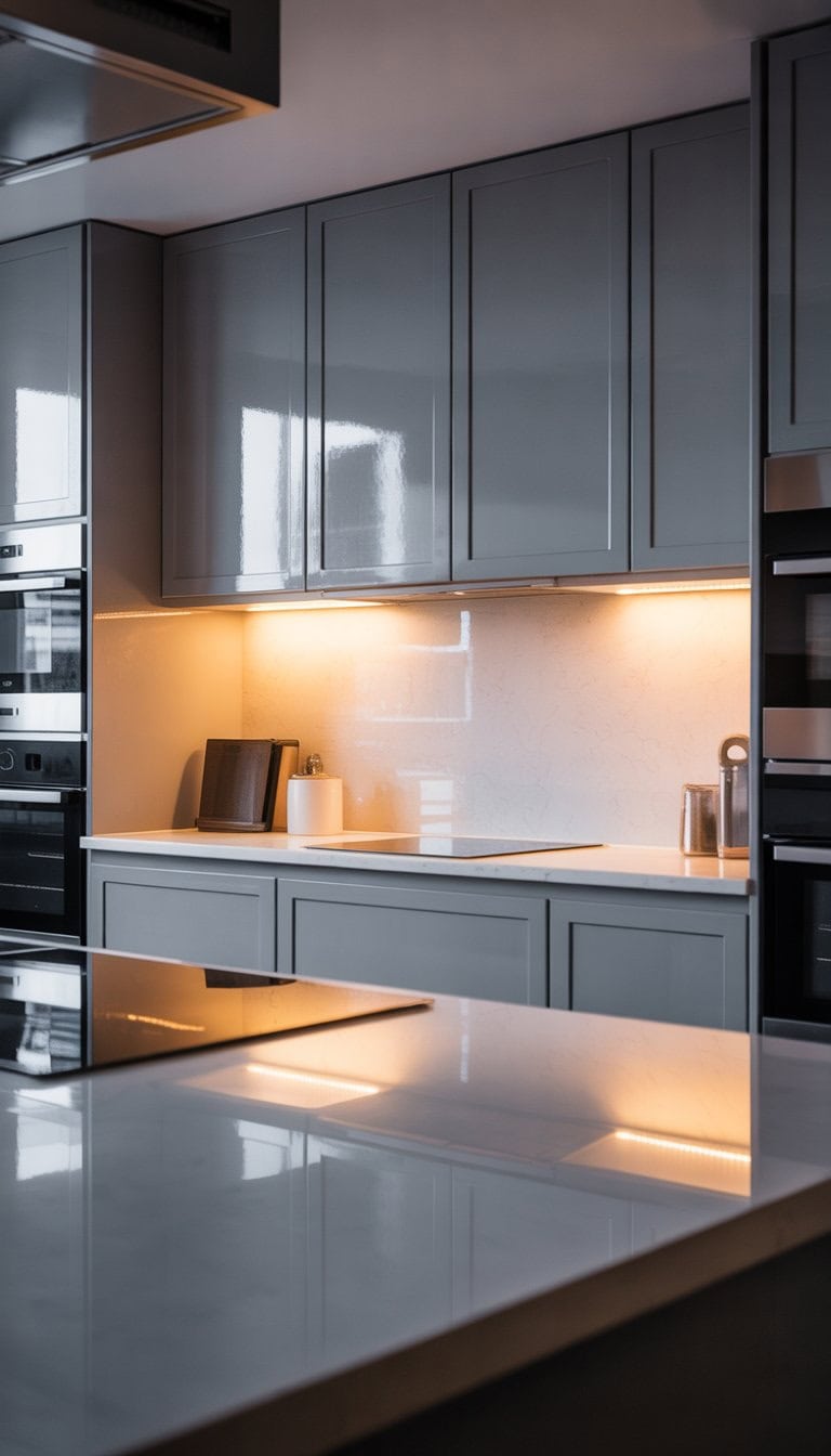 A modern kitchen with grey cabinets brightly lit by under-cabinet lights above a white countertop.