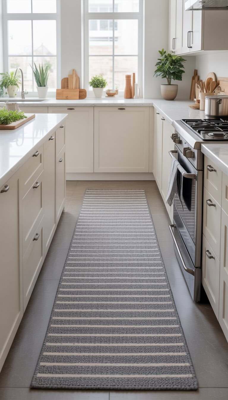 A modern kitchen with white cabinets, stainless steel appliances, and a grey and white striped runner rug on the floor.