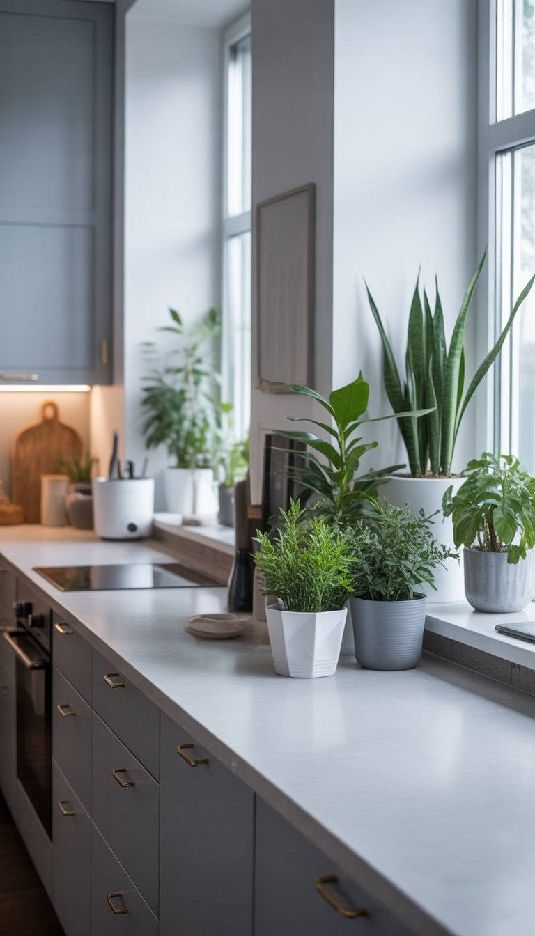 A modern kitchen with grey and white cabinets, countertops, and houseplants in white and grey pots placed around the room.