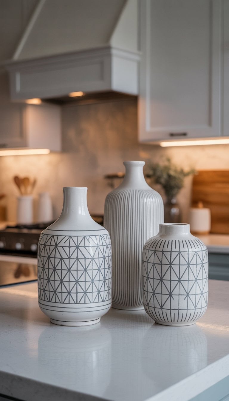 White ceramic vases with grey geometric patterns on a kitchen countertop in a modern kitchen setting.