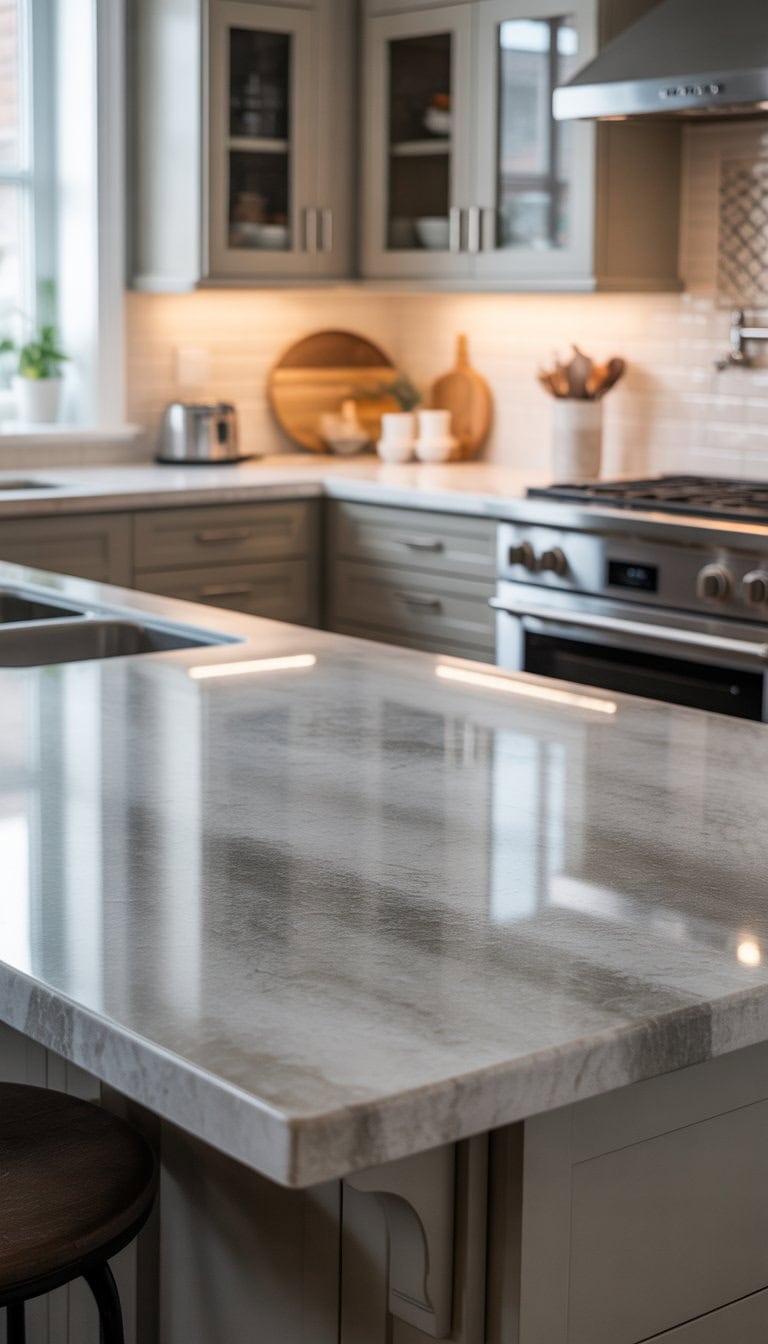 A modern kitchen with a grey and white natural stone countertop, cabinets, and appliances.