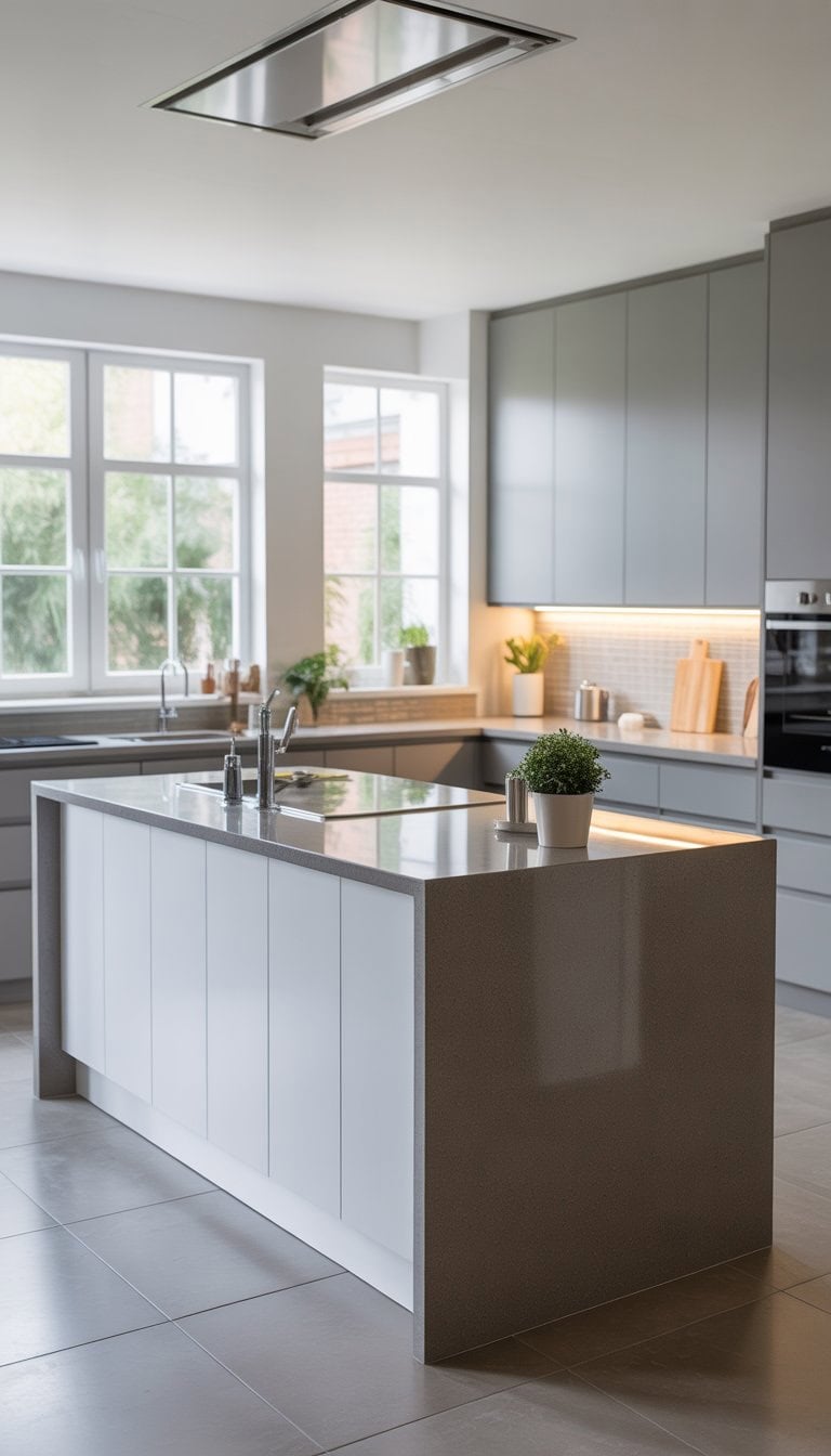 A modern kitchen with a two-tone island featuring a white base and grey countertop, surrounded by matching cabinetry and stainless steel appliances.