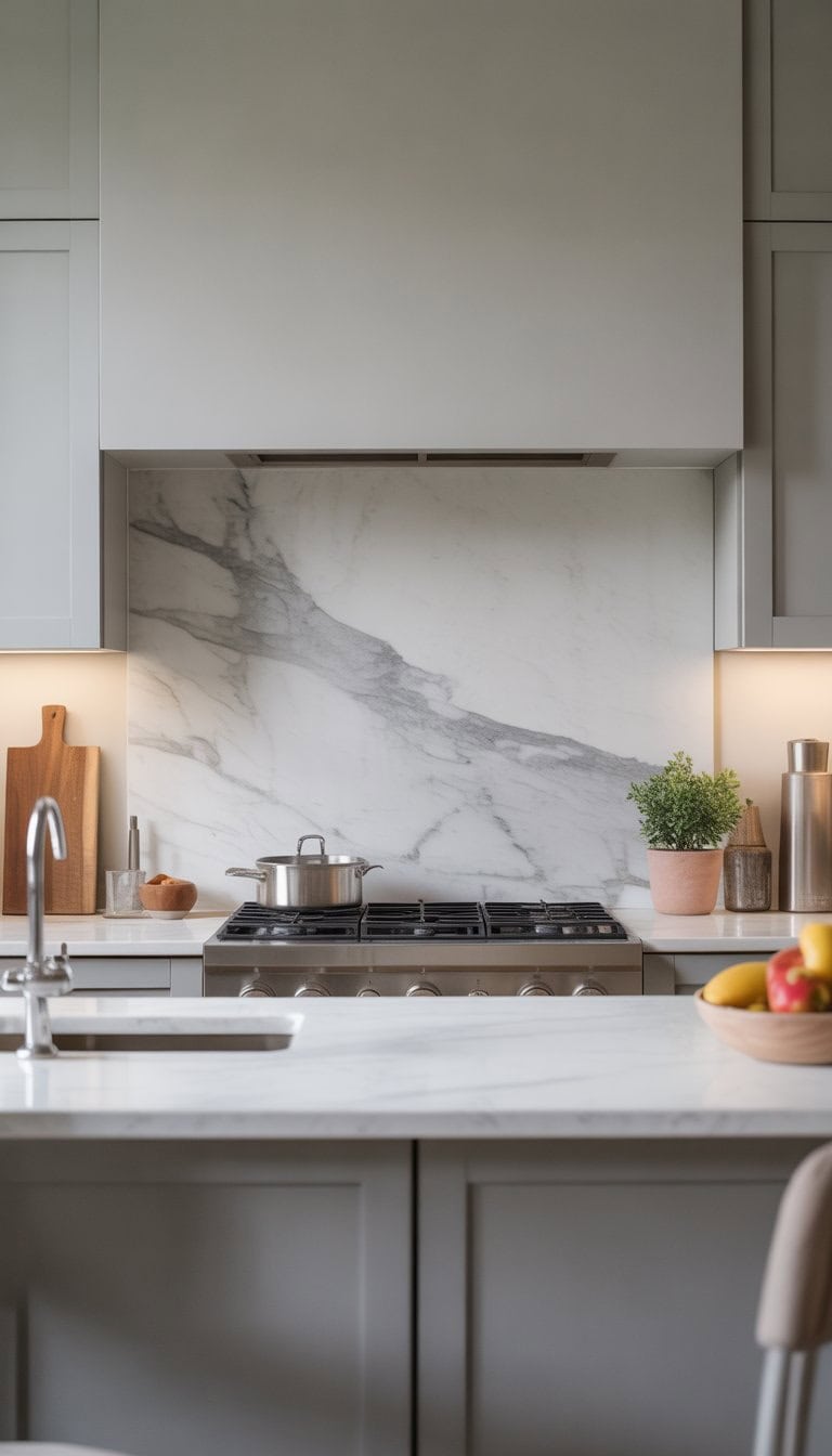 A bright kitchen with a white marble backsplash featuring subtle grey veins, grey cabinets, stainless steel appliances, and a clean countertop with kitchen accessories.