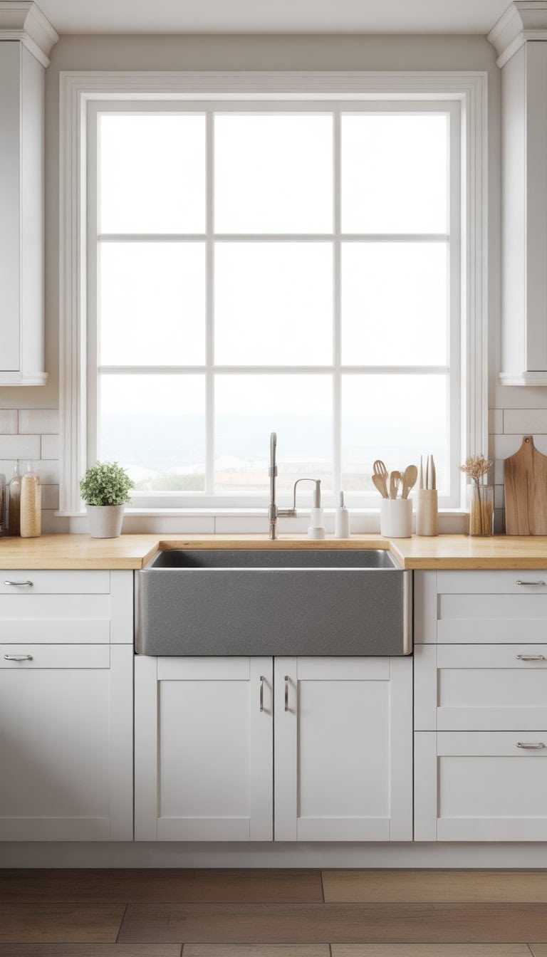 A kitchen with a grey farmhouse apron sink and white cabinets under a window, with natural light illuminating the space.