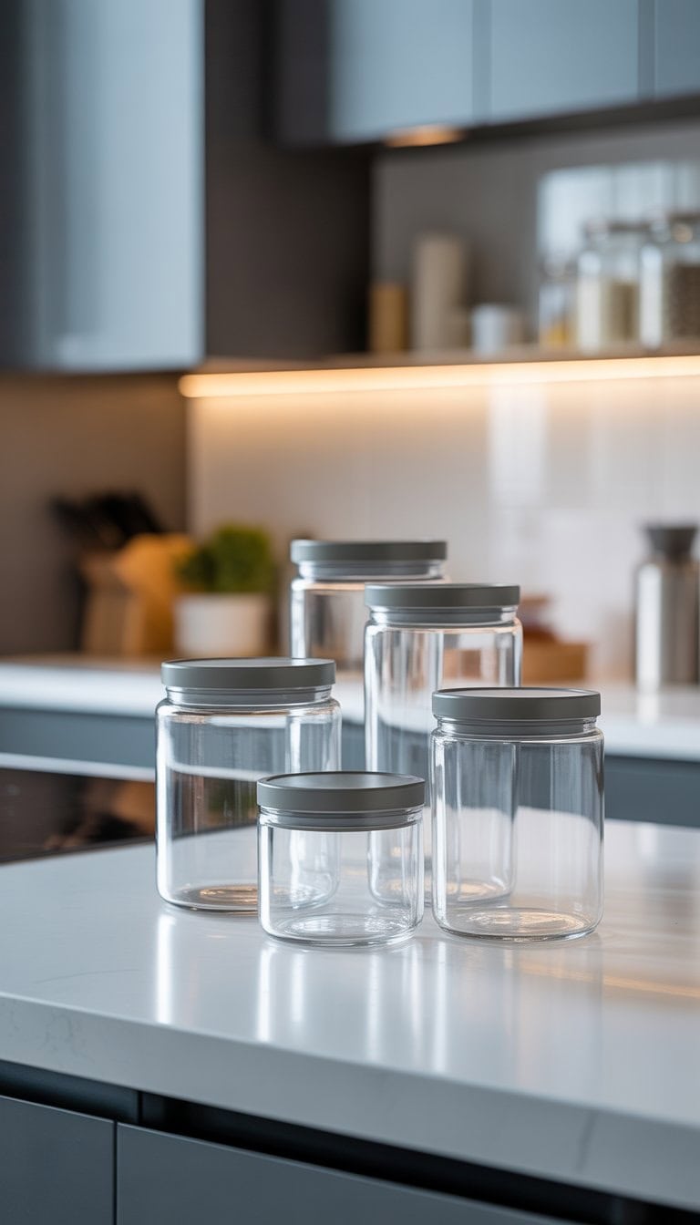 Clear glass jars with grey lids arranged on a kitchen countertop in a clean and organized kitchen.