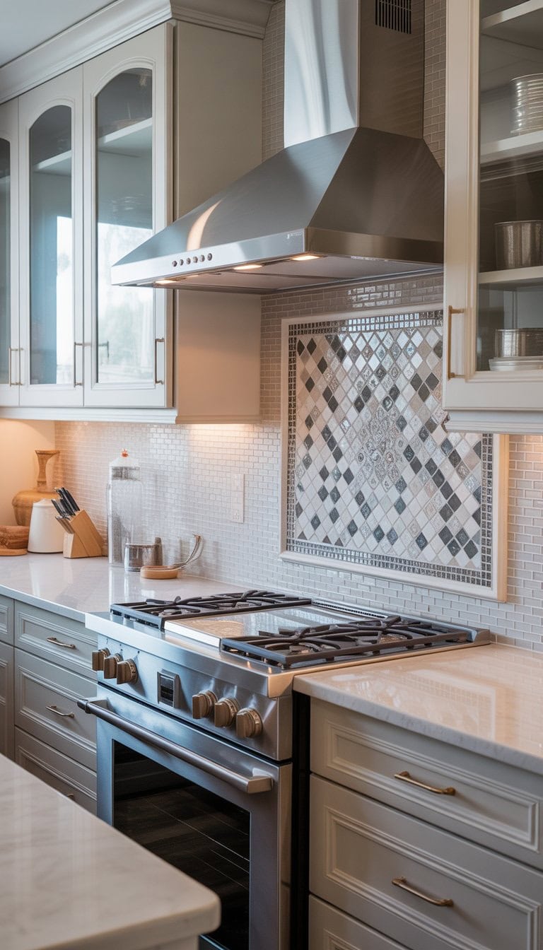 A modern kitchen with white and grey mosaic tile backsplash behind a stove, white and grey cabinets, and stainless steel appliances.