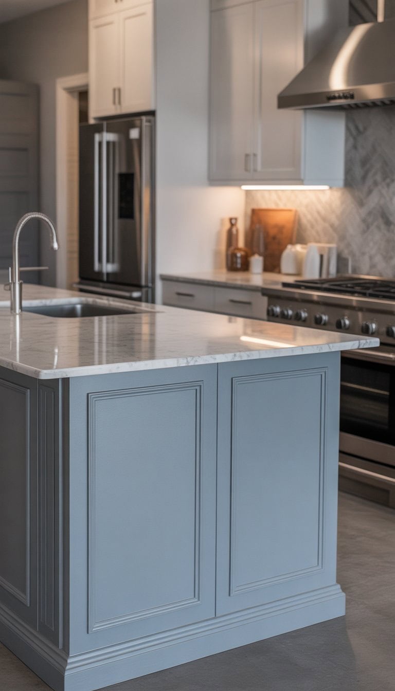 A kitchen with a grey painted island topped with a white marble countertop surrounded by modern kitchen elements.