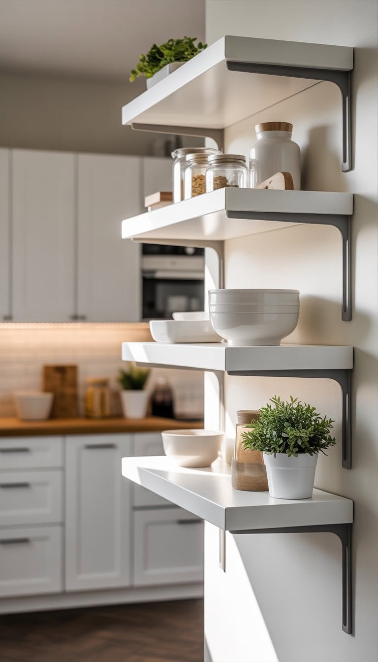 A bright kitchen wall with white floating shelves supported by grey brackets holding kitchenware and plants.