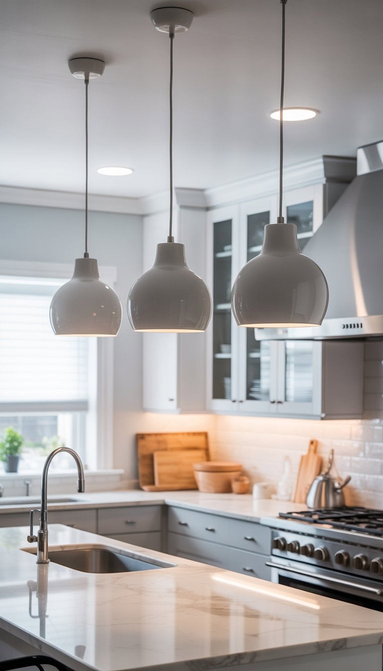 A modern kitchen with white ceramic pendant lights hanging from grey cords above a kitchen island, featuring grey and white cabinets and countertops.