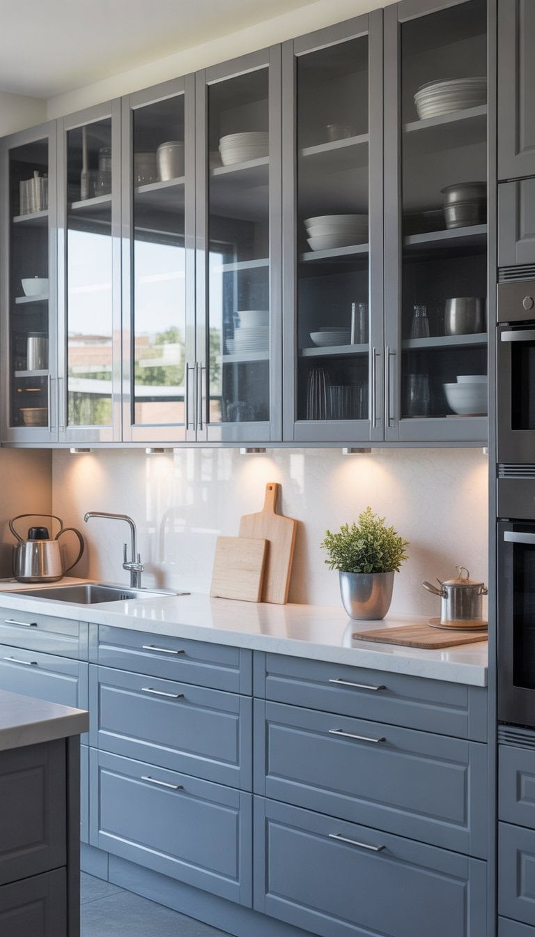 A modern kitchen with grey glass cabinet doors showing white interiors, bright and clean with stainless steel appliances and minimal decor.