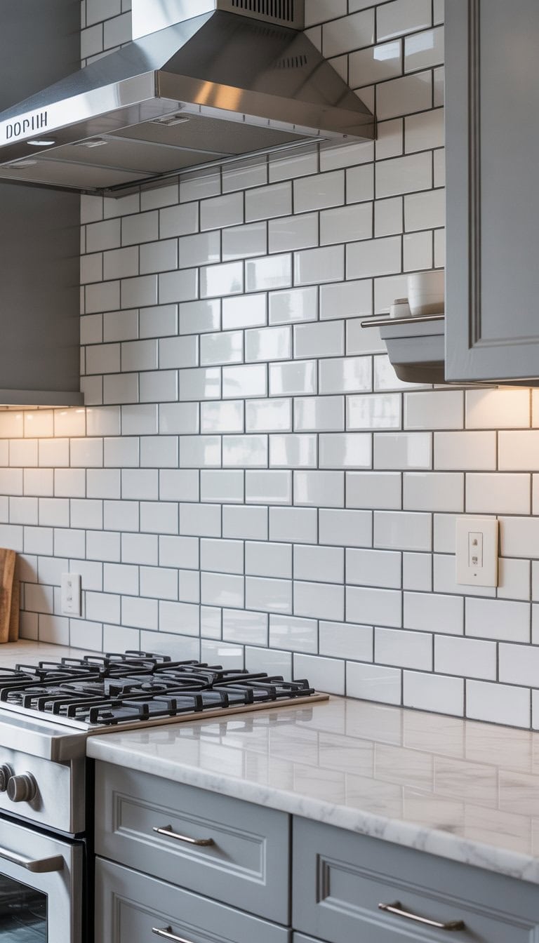 A bright kitchen with white herringbone tile backsplash, grey and white cabinets, and stainless steel appliances.