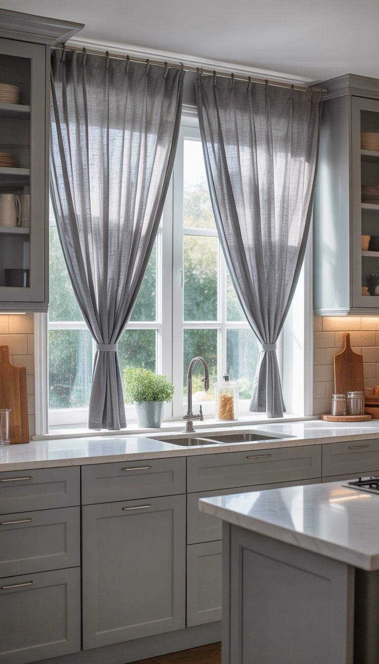 A modern kitchen with grey linen curtains on white rods over a window, featuring grey and white cabinetry and a clean countertop.