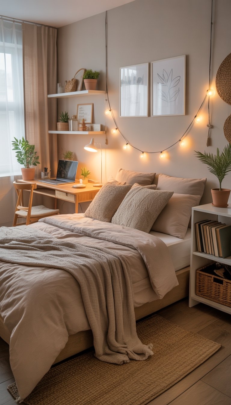 A tidy bedroom with a bed, desk, plants, and shelves, lit by natural sunlight through a window.