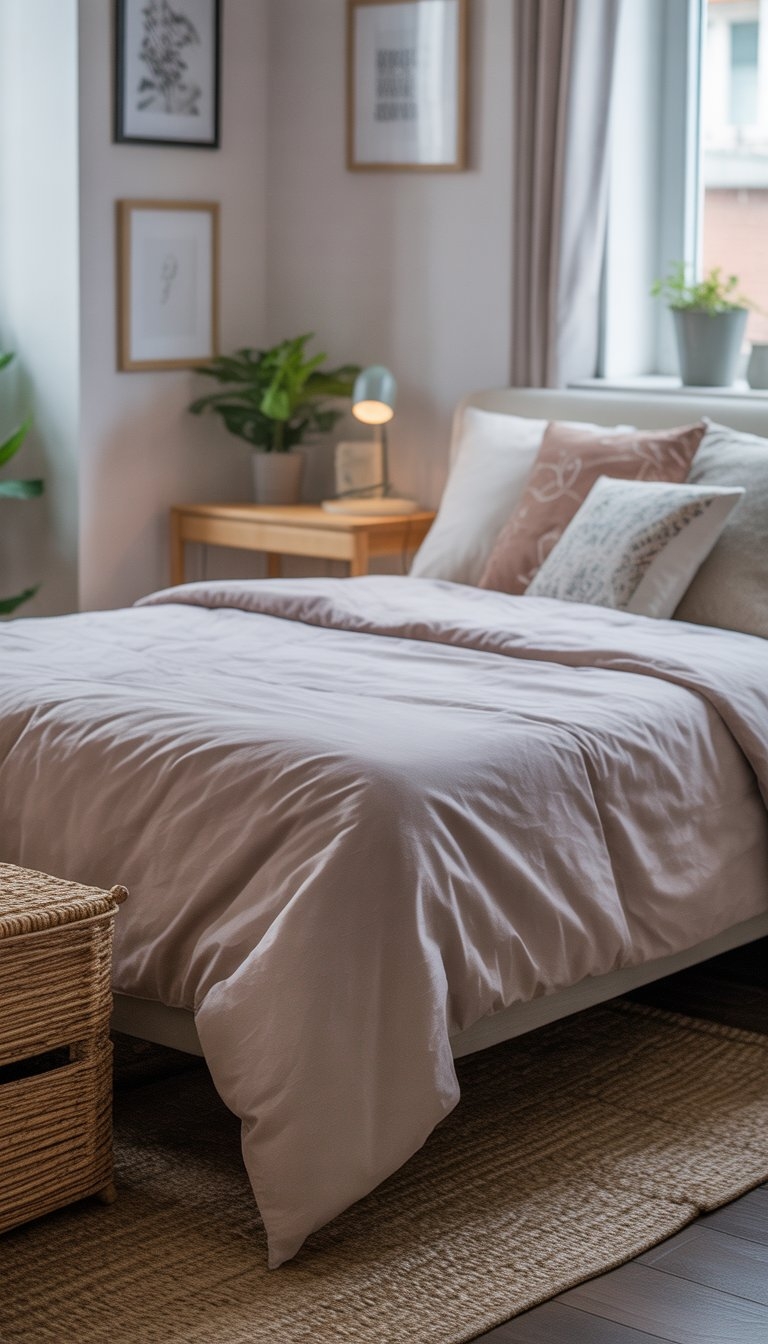 A tidy bedroom with a bed, side table with lamp and plant, framed pictures on the wall, and natural light coming through a window.