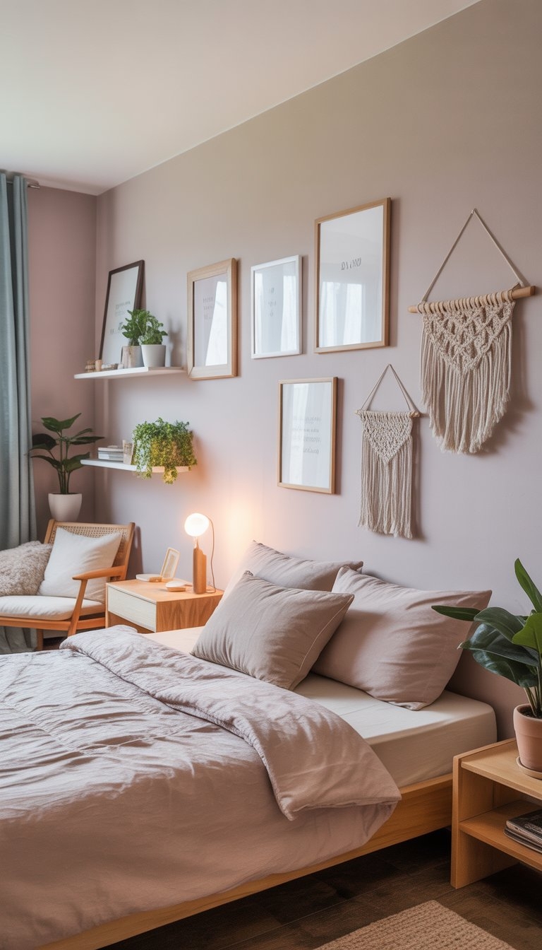 A cozy bedroom with pastel-colored walls, simple wall art, potted plants on shelves, and natural light coming through a window.