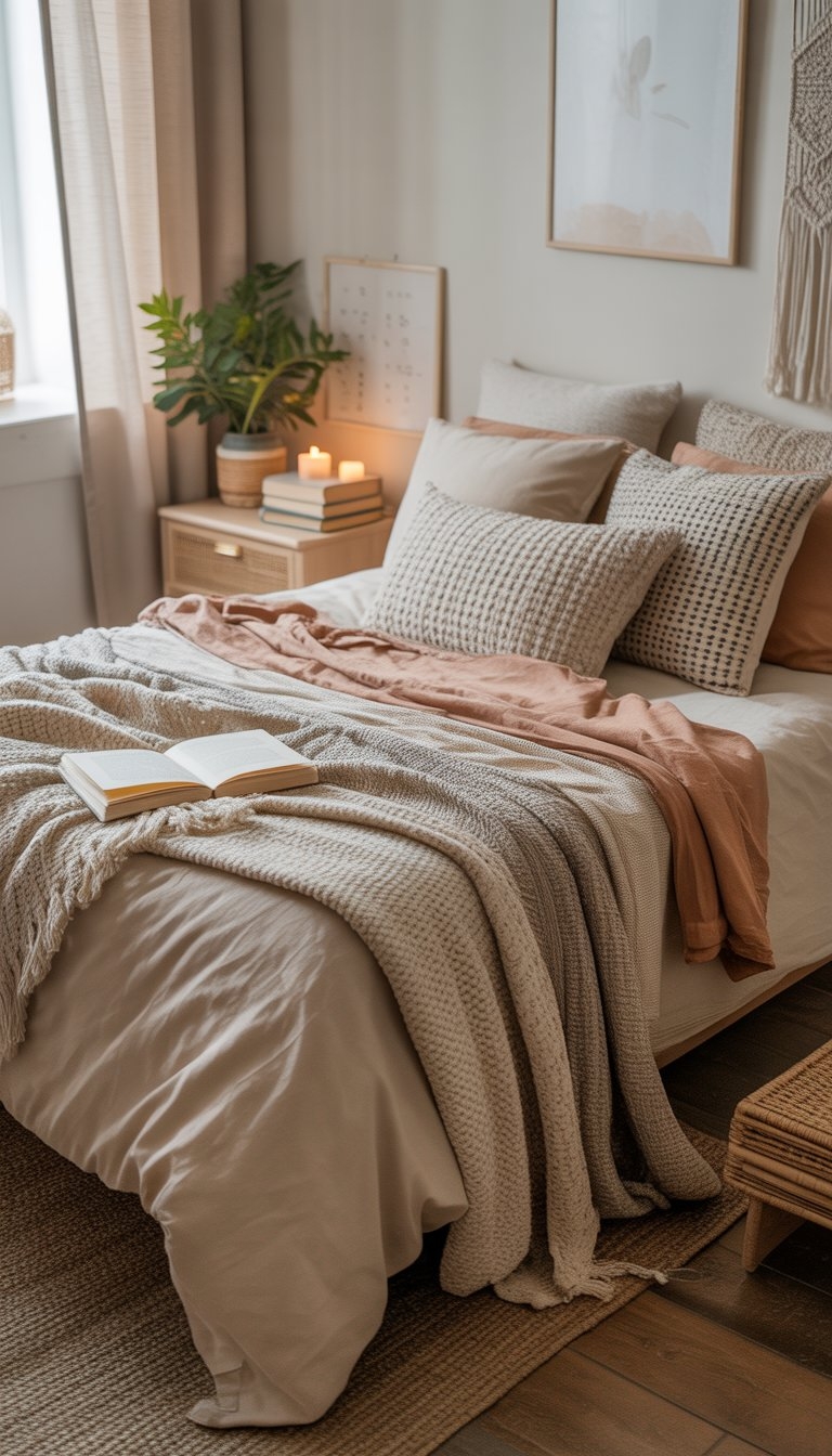 A cozy bedroom with a neatly made bed featuring layered blankets and cushions, a small nightstand with a plant and books, and natural light coming through a window.