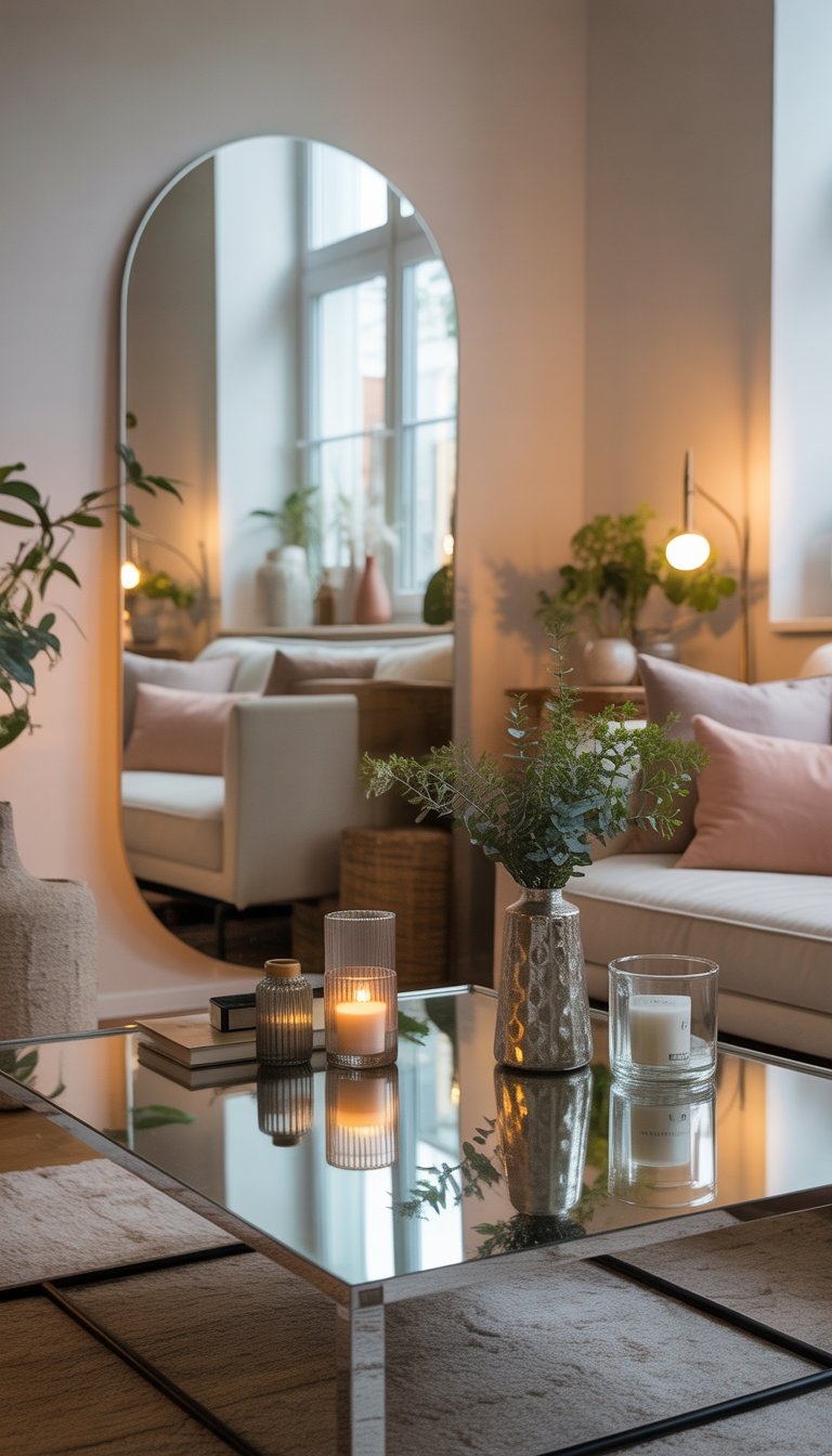 A cozy living room with a large wall mirror, reflective decor items, a beige sofa with cushions, and plants near a window letting in natural light.