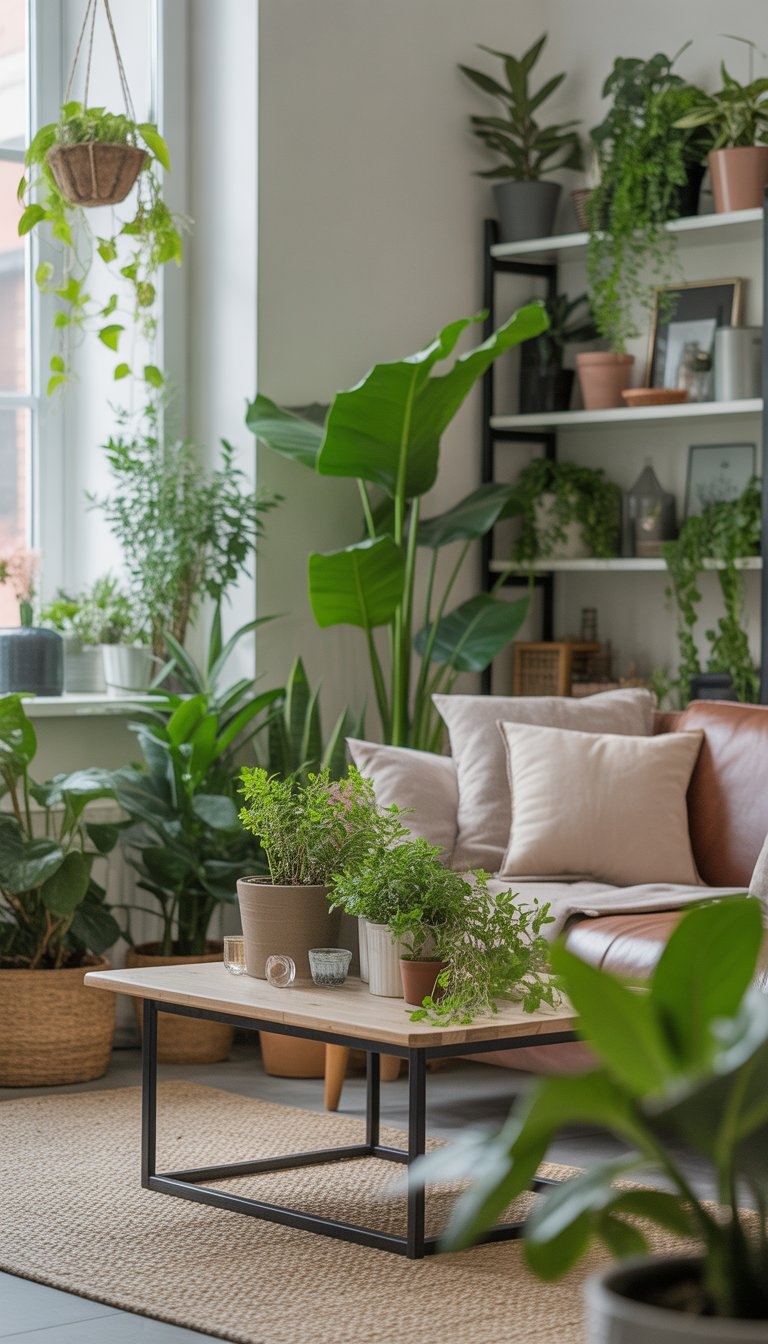 A cozy living room filled with various green plants and natural light, creating a fresh and inviting atmosphere.