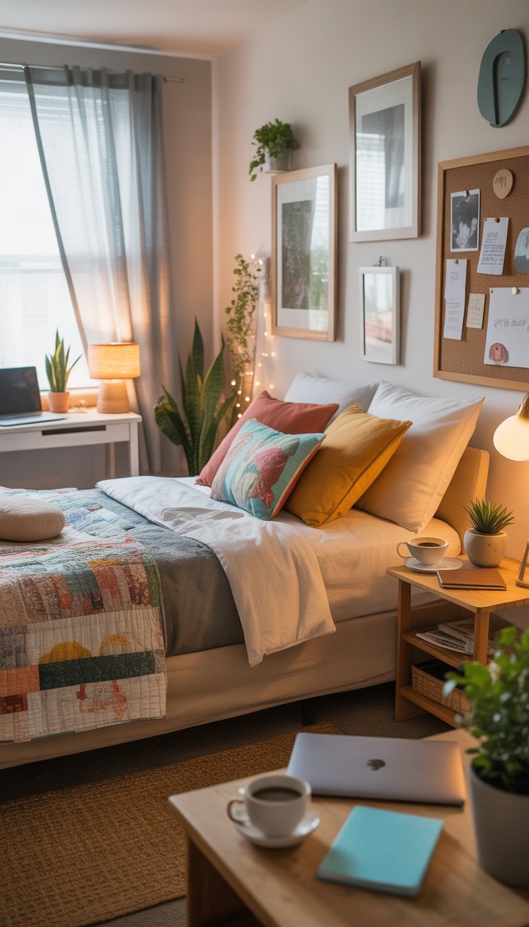 A cozy bedroom with a bed, plants, framed photos, and a workspace with a laptop, lit by natural light from a window.
