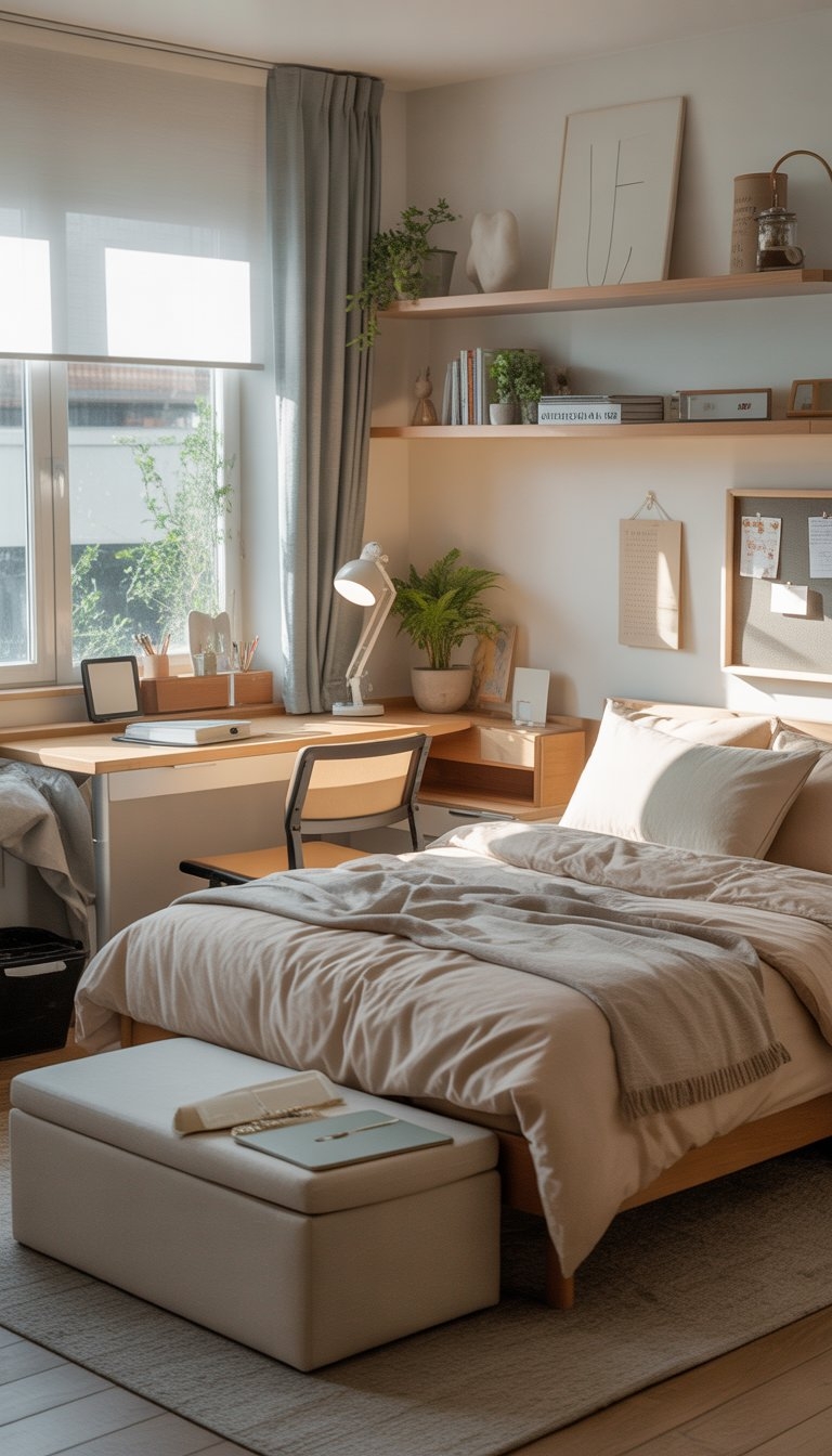 A small, well-organized bedroom with a bed, floating shelves, a compact desk, and natural light coming through a window.