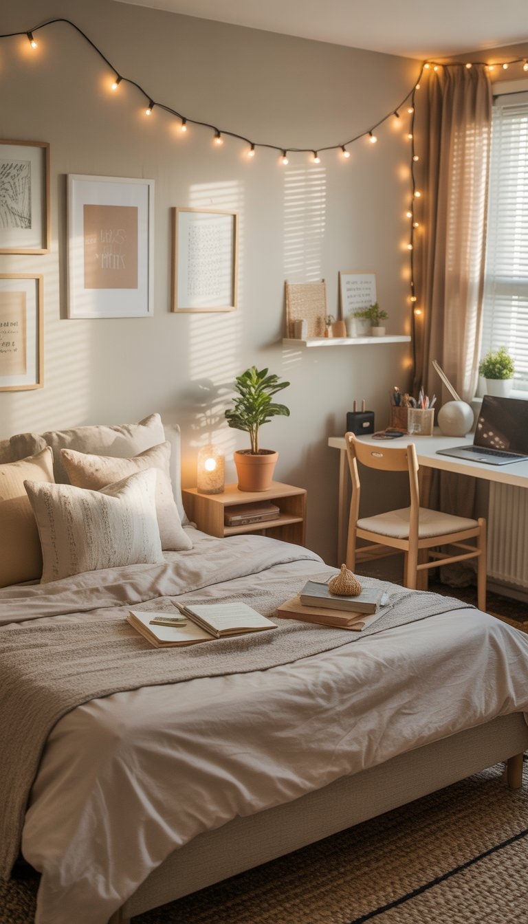 A cozy bedroom with a neatly made bed, decorative pillows, plants, framed wall art, string lights, a small desk with a laptop, and natural light coming through a window.