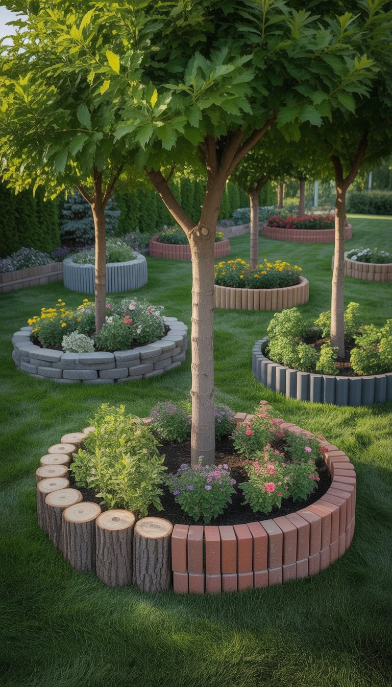 A yard with several trees surrounded by different types of garden edging including wood, stone, brick, metal, and painted rocks, with green grass and flower beds.