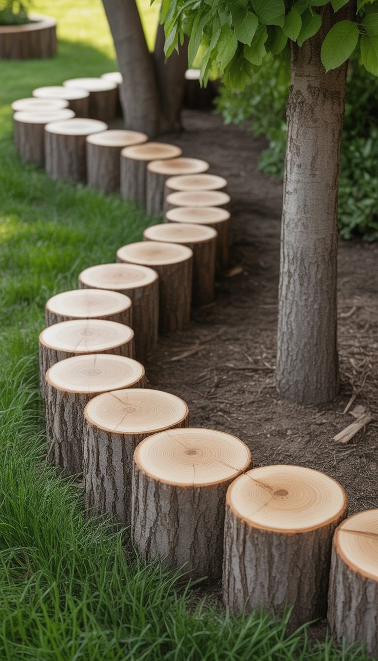 A yard with trees surrounded by wooden log slice borders used as garden edging, with grass and soil visible.