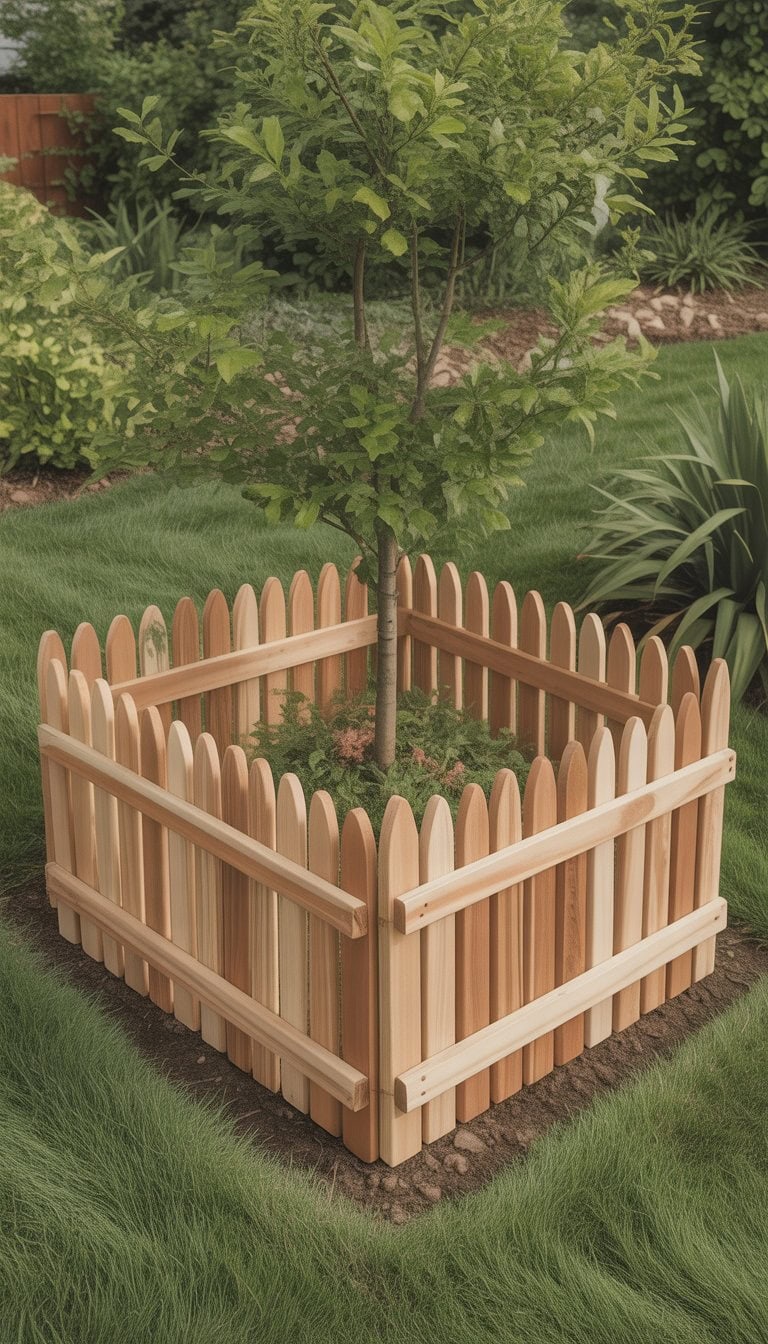 A small cedar shake fence forming a low border around a tree in a green yard.