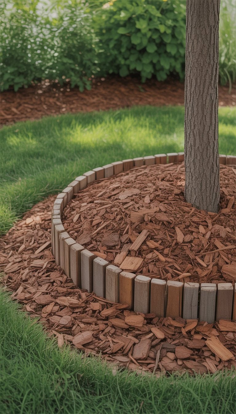 A tree in a yard surrounded by a circular mulch chip bed edge with green grass around it.