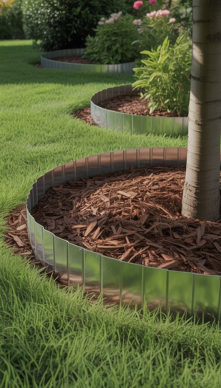 A metal garden edging strip installed around a tree with green grass and mulch in a yard.