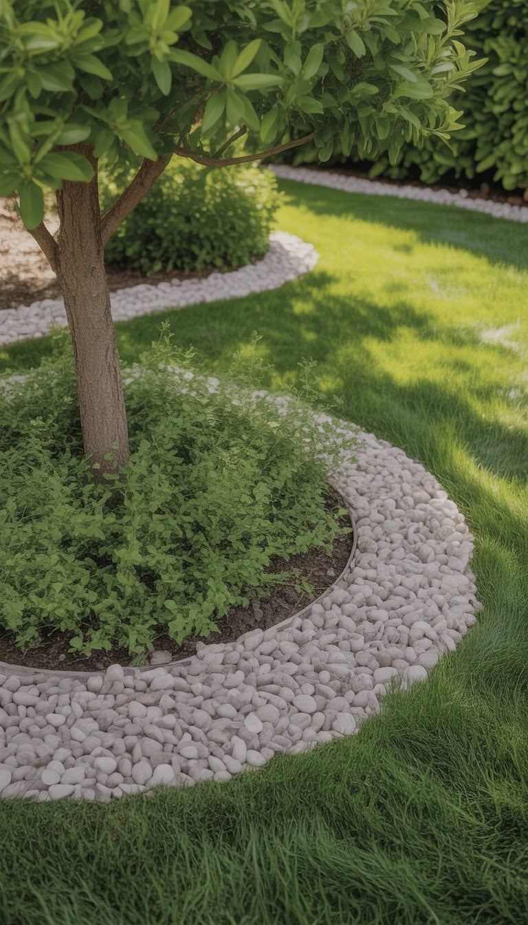 A tree in a yard surrounded by a neat border made of smooth pebble rocks with green grass around it.