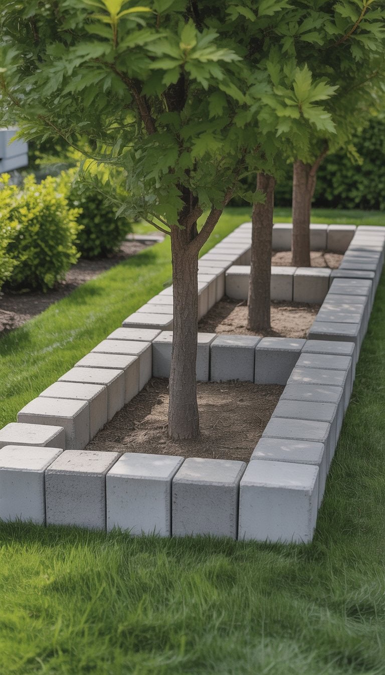 Concrete blocks laid flat forming garden borders around trees in a green yard.