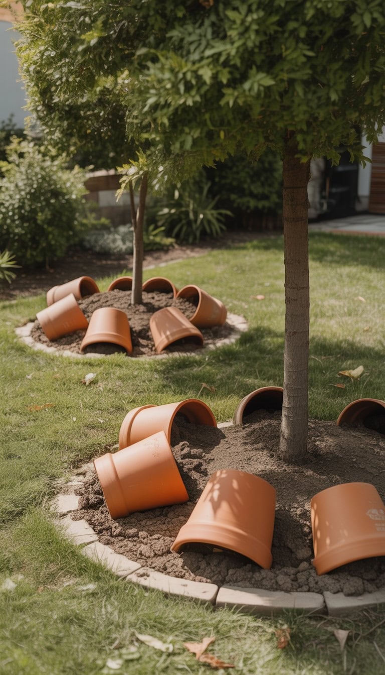 A yard with trees surrounded by half-buried terracotta pots used as garden edging.