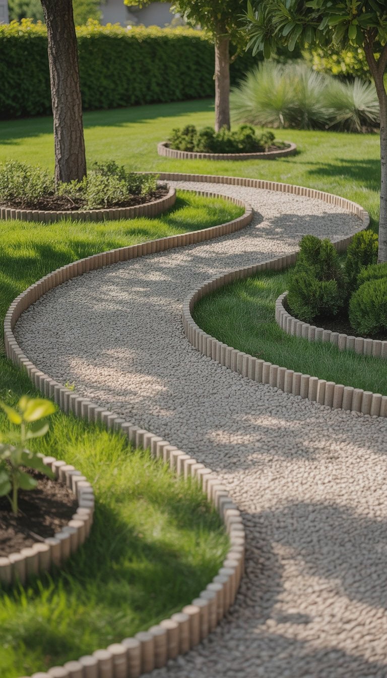 A rounded gravel pathway bordered by simple garden edging winding through a green yard with trees and grass.