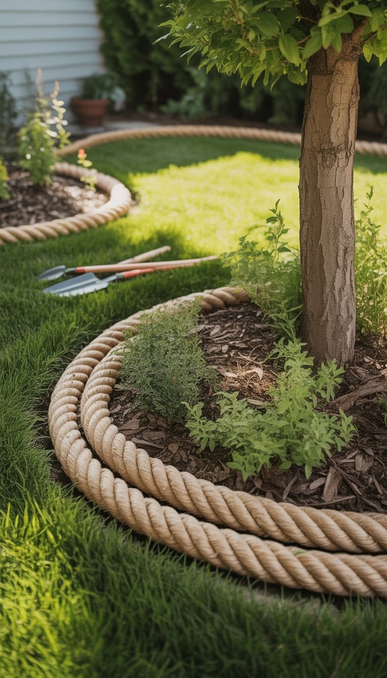 A garden yard with a tree surrounded by natural rope used as lawn edging separating grass from a mulched garden bed with plants.