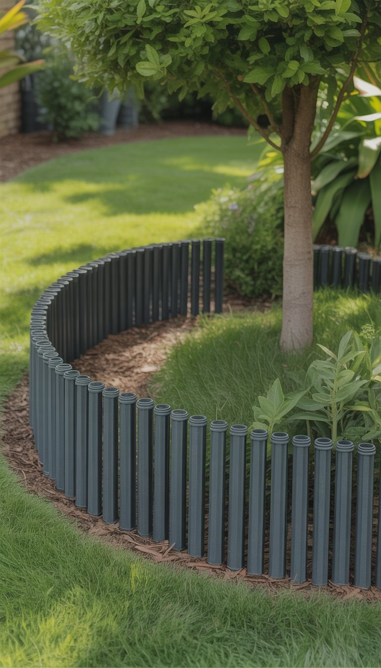 A yard with plastic lawn edging stakes forming a border around a tree and separating the grass from a mulched flower bed.