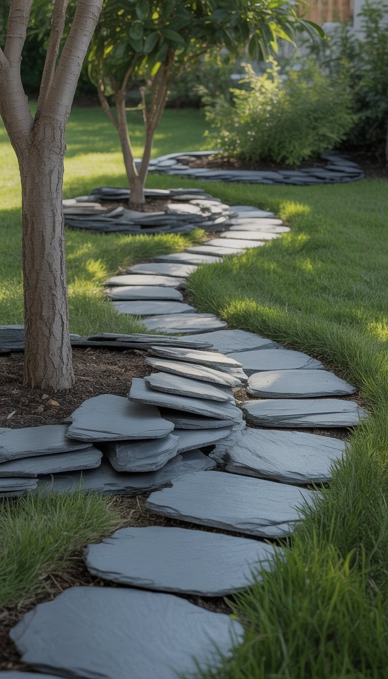 A narrow slate rock path bordered around trees in a green grassy yard with sunlight and garden plants.