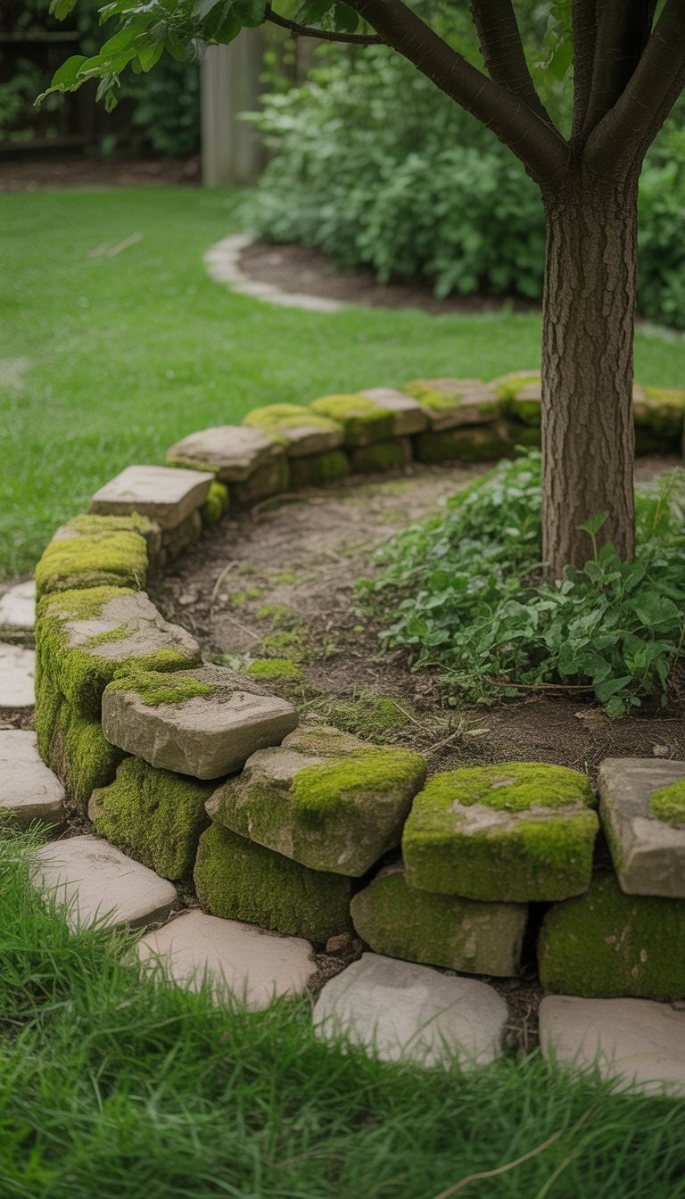 A circular moss-covered stone border around a tree in a green yard with grass and plants.