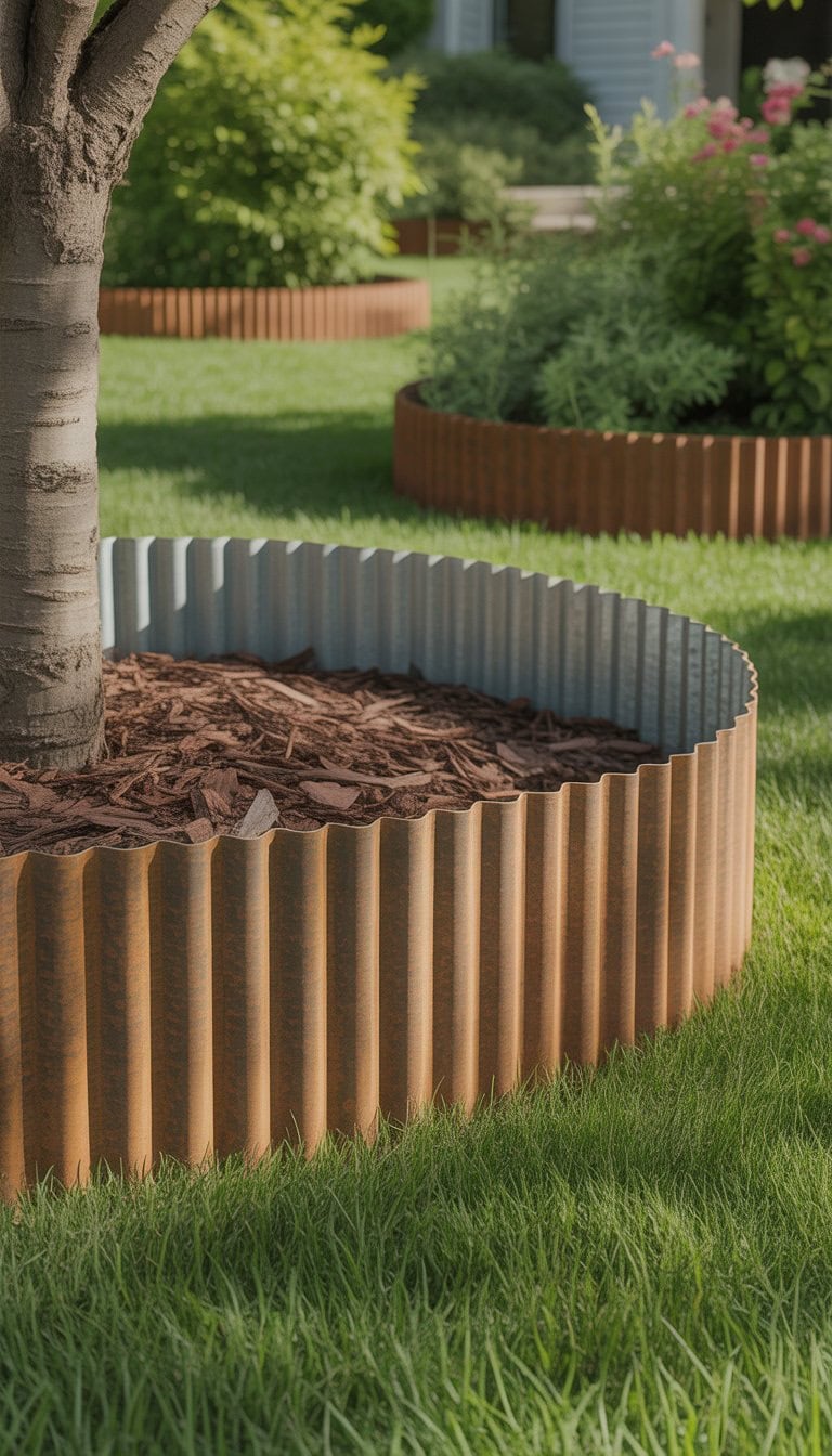 Corrugated metal garden edging installed around a tree with mulch and green grass in a yard.