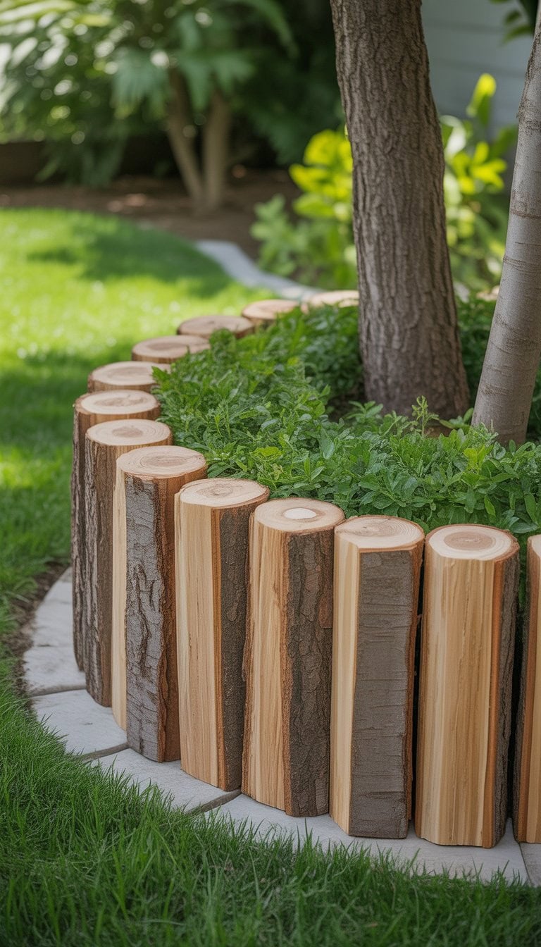 A close-up view of a garden border made of split log edges surrounding a tree in a green yard.