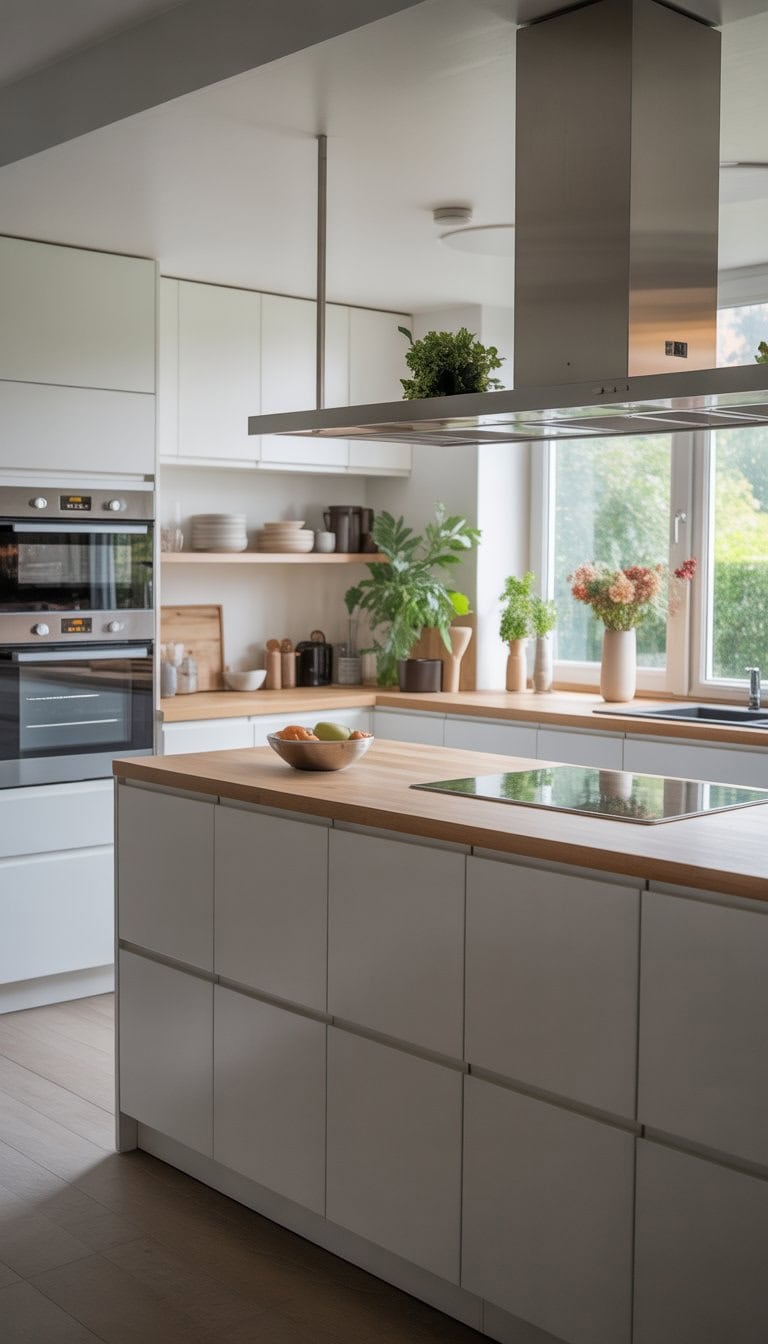 A bright, modern kitchen with white cabinets, a wooden island, stainless steel appliances, and plants.