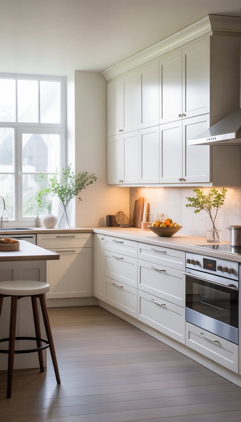 A bright kitchen with white cabinets, a kitchen island, and natural light coming through large windows.